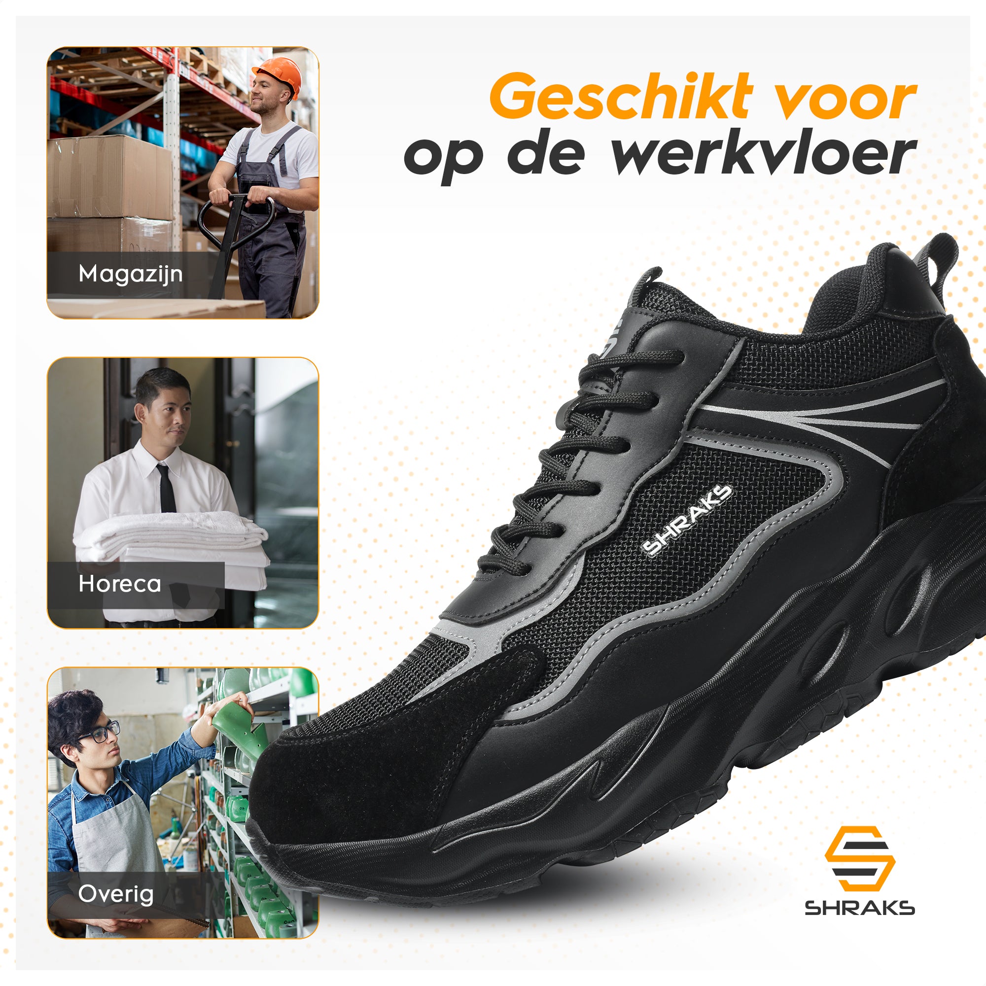 Showcase of Shraks Moda's Beste Veiligheidsschoenen collection.